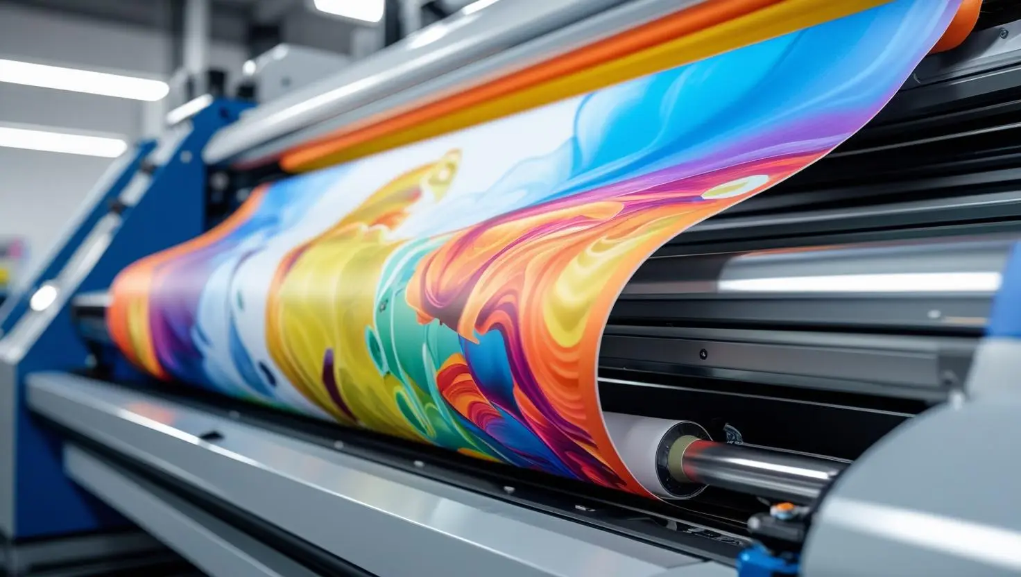 Mesin digital printing sedang mencetak spanduk banner